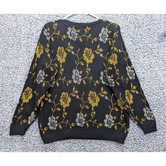 VTG Margules Floral Sweater Size Medium Metallic Knit Cottagecore 90s Black Gold - Picture 2 of 10
